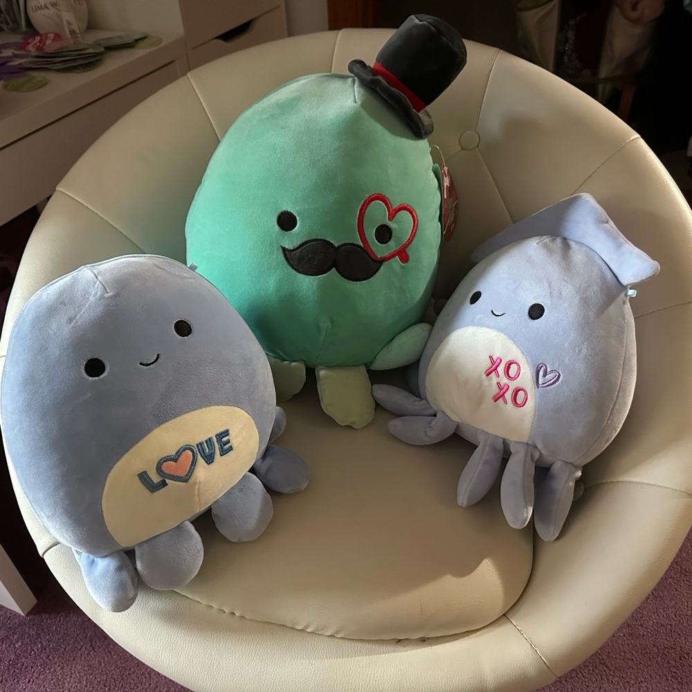 Squishmallow Cute Plush Octopus and Squid Trio
